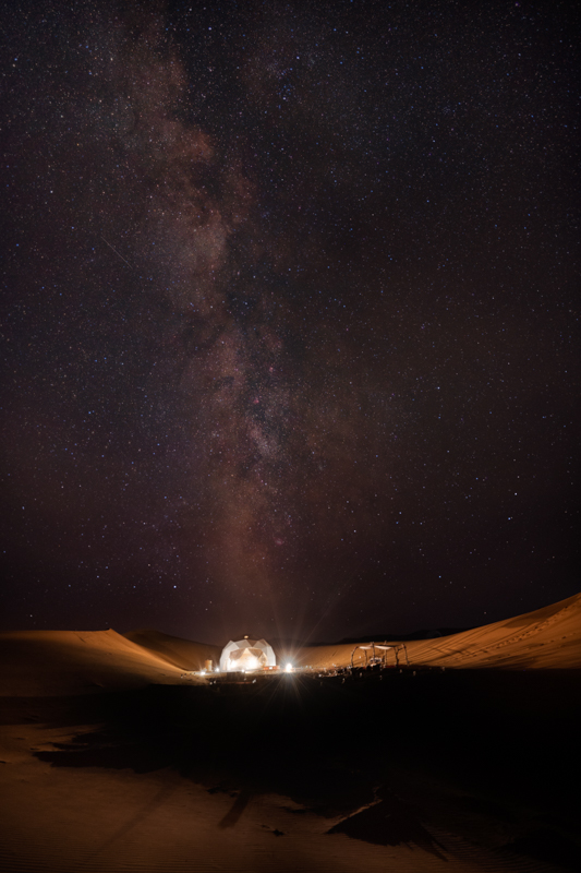 Nightscape, A dome tent in the sahara desert with the milky way above it
